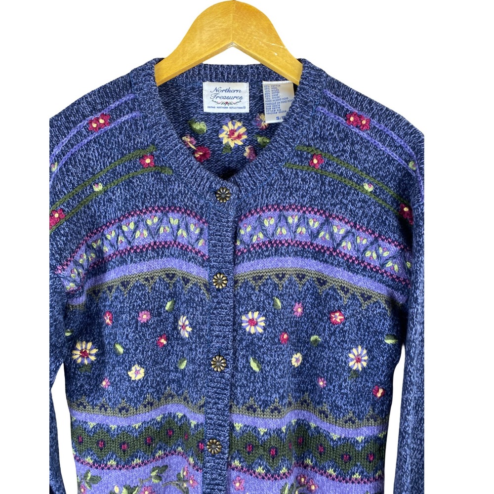 VTG Northern Reflections Blue Floral Embroidered Fair Isle Cardigan Sweater S - Picture 4 of 8